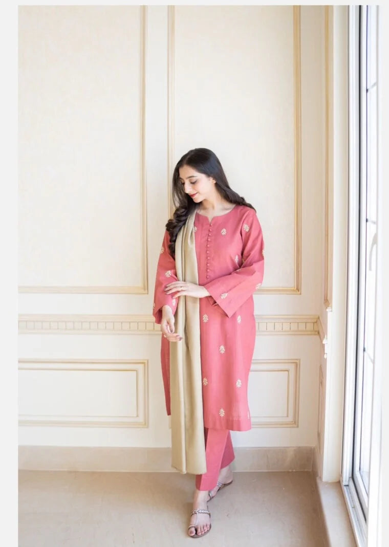 DUSTY PINK Embroidered Unstitched Dhanak 3 Piece | Winter Collection with Pashmina Shawl