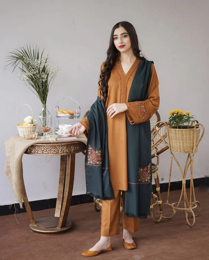 KHUSHI Dhanak 3 Piece Winter Collection | Embroidered Neckline + Dupatta