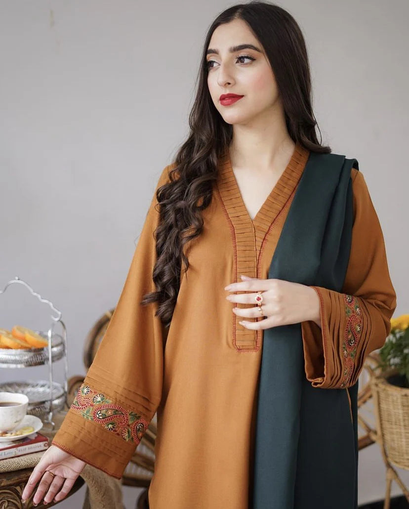 KHUSHI Dhanak 3 Piece Winter Collection | Embroidered Neckline + Dupatta