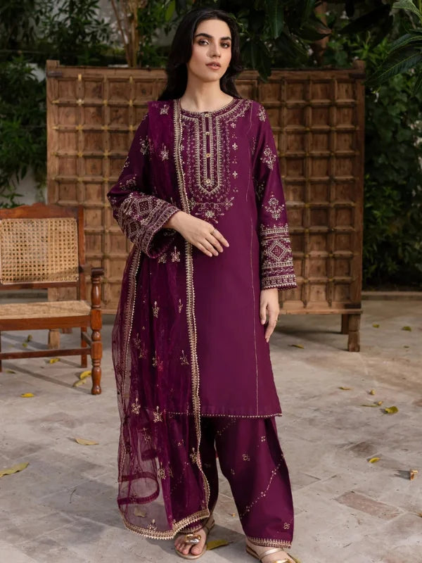 Plant Foam Unstitched Winter Dhanak 3 Piece Suit | Embroidered Neckline & Net Dupatta