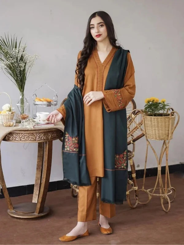 KHUSHI Dhanak 3 Piece Winter Collection | Embroidered Neckline + Dupatta