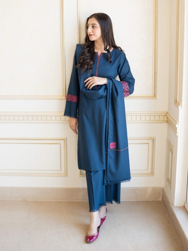 Phulkari Dhanak 3 Piece Winter Collection | Dyed Suit with Embroidered Shawl