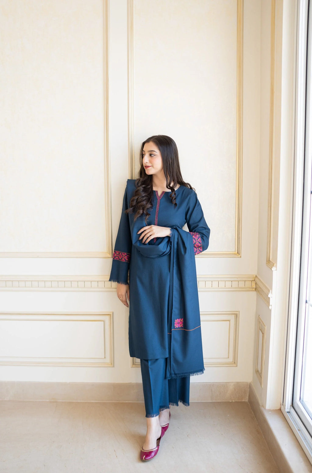 Phulkari Dhanak 3 Piece Winter Collection | Dyed Suit with Embroidered Shawl