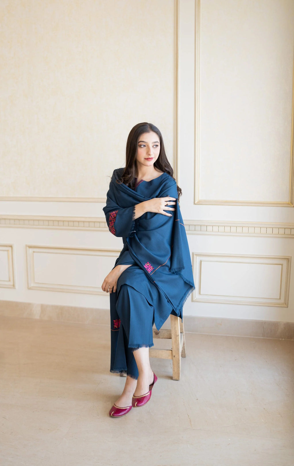 Phulkari Dhanak 3 Piece Winter Collection | Dyed Suit with Embroidered Shawl