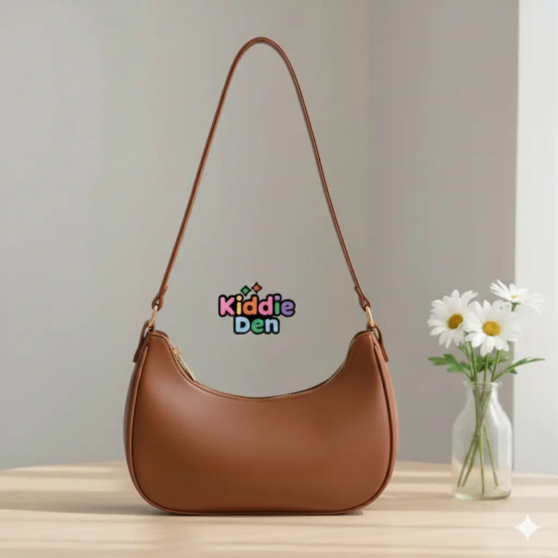 Elegant Brown Moon Bag – Trendy PU Leather Shoulder Handbag | Everyday Stylish Bag